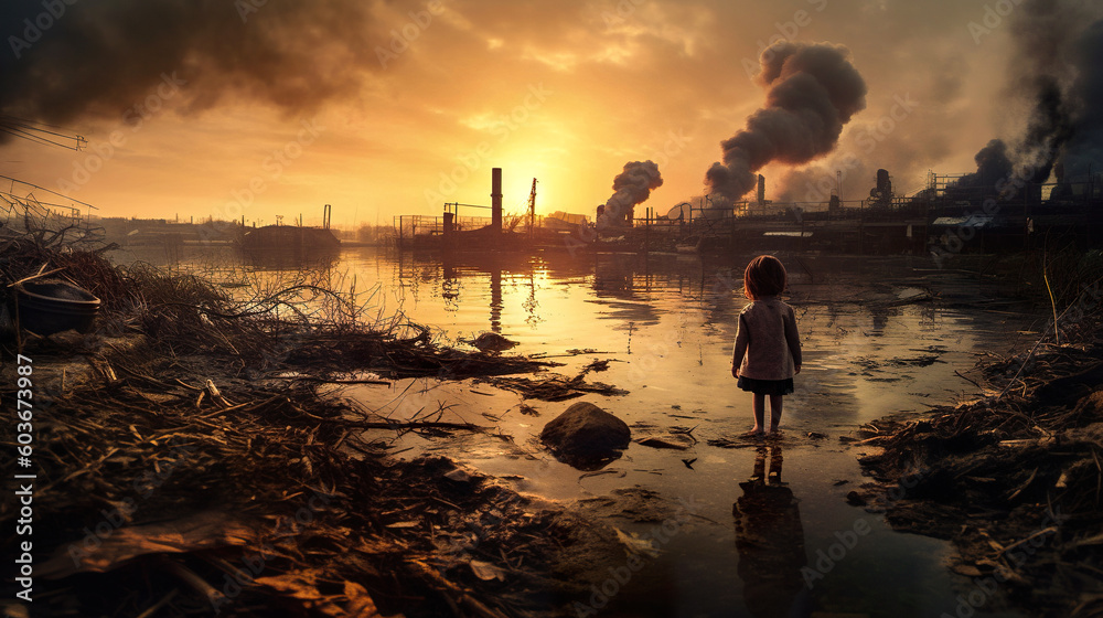 A small girl standing in dirty polluted water in front of a dark industrial area, generative AI