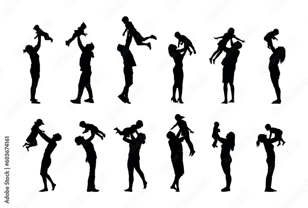 Obraz premium Group of parents playing and lifting up child silhouette set. Father and mother have fun lifting their baby kids up in the air silhouette set collection.