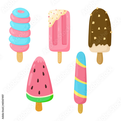 Set of ice-cream bar and popsicles. Vector cartoon illustration.