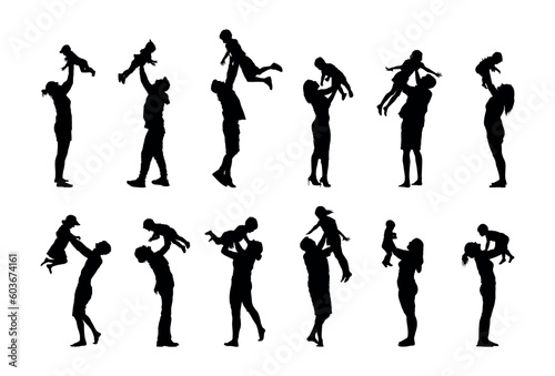 Group of parents playing and lifting up child silhouette set. Father and mother have fun lifting their baby kids up in the air silhouette set collection.
