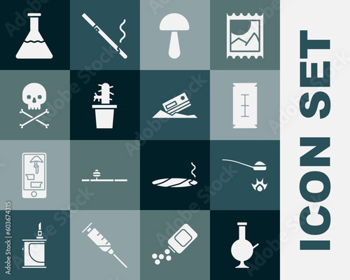 Set Glass bong for smoking marijuana, Heroin spoon, Blade razor, Psilocybin mushroom, Cactus peyote pot, Skull crossbones, Test tube and flask and Cocaine credit card icon. Vector