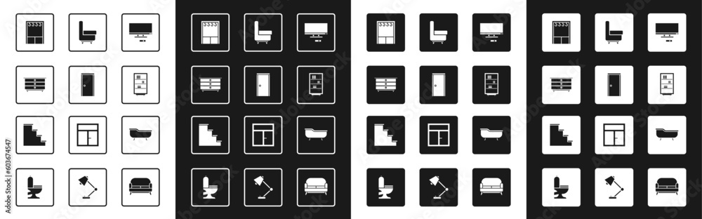 Set Smart Tv, Closed door, Chest of drawers, Wardrobe, Library bookshelf, Armchair, Bathtub and Staircase icon. Vector