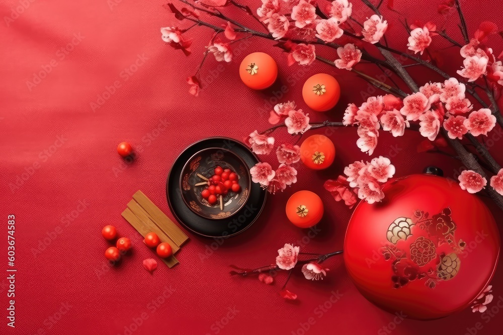 Chinese New Year festival decorations, mandarins, flowers, envelopes . Flat lay, top view. AI Generated Chinese New Year festival decorations, mandarins, flowers, envelopes . Flat lay, top view. AI Generated