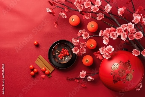 Chinese New Year festival decorations, mandarins, flowers, envelopes . Flat lay, top view. AI Generated