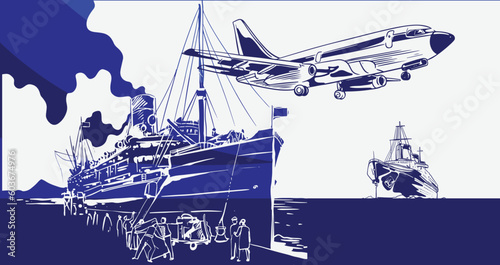 Transportation of ink drawing sketch for poster, post card, name card, brochure, t-shirt, logo, branding, collection, art print.