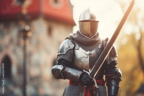 A medieval European knight in armor and with sword in front of the castle, created with Generative AI Technology © Masson