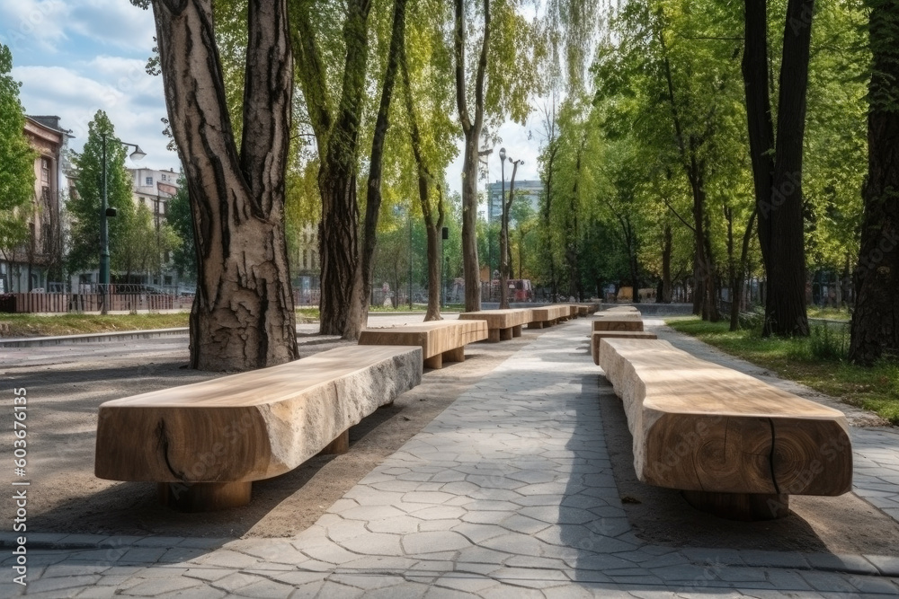 Minimalist benches with wooden logs, outdoor seating in public place. Long benches with wooden seat for pedestrians to relax at city park created with Generative AI
