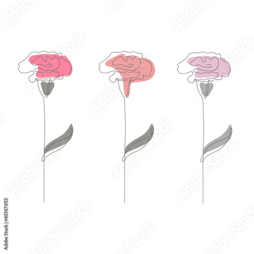 Carnation flower continuous line drawing. Abstract minimal carnation . Carnation flower icon, logo, label.
Illustration set of Mother's Day carnations. Mother's Day.