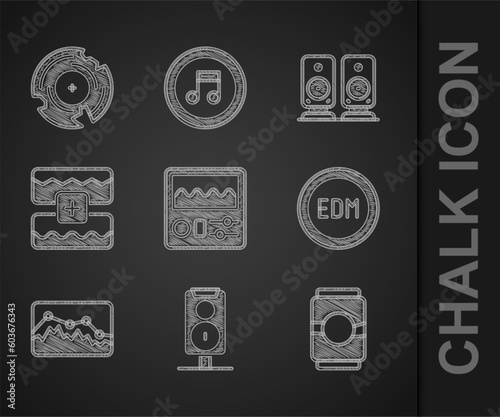 Set Drum machine, Stereo speaker, Beer can, EDM electronic dance music, Music wave equalizer, and Vinyl disk icon. Vector
