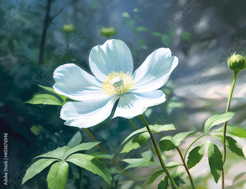 white flower surrounded by green leaves. A Close-up of a Radiant White Bloom Nestled Amongst a Verdant Sea of Fresh Foliage, Symbolizing Serenity and Purity in the Heart of Nature's Bountiful Garden.