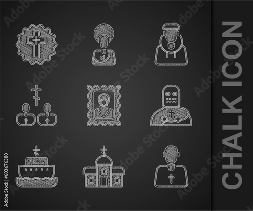 Set Christian icon, Church building, Priest, Knight crusader, Ark of noah, Monk and cross icon. Vector