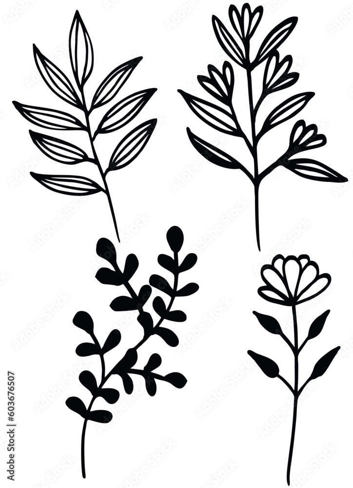 Set of vector floral elements isolated on white background. Hand drawn vector illustration of flowers and leaves. Collection of botanical design elements for logo, banner, package, t shirt printing. Set of vector floral elements isolated on white background. Hand drawn vector illustration of flowers and leaves. Collection of botanical design elements for logo, banner, package, t shirt printing.