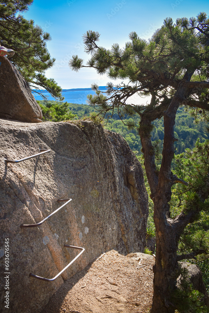 Metal ladders at the Beehive trail in Acadia National Park in Maine