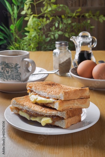 Kaya toast butter. Traditional oriental and vintage kopitiam breakfast style. Popular in Malaysian and Singaporean.