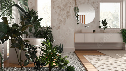 Biophilia interior design, wooden bathroom in white and beige tones with many houseplants. Freestanding bathtub and washbasin. Urban jungle concept idea