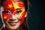 A woman with a painted face and a chinese flag on her face