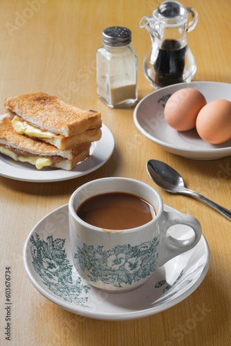Traditional oriental and vintage kopitiam breakfast style. Popular in Malaysian and Singaporean.