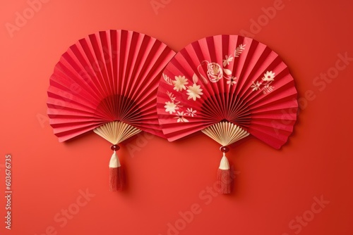 Chinese New Year. Decor pattern fan on red background. Red paper fans .Lunar New Year banner template. Lunar New Year chinese banner. AI Generated