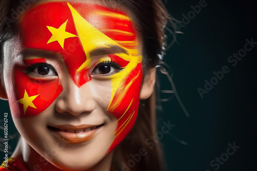 A woman with a painted face and a chinese flag on her face