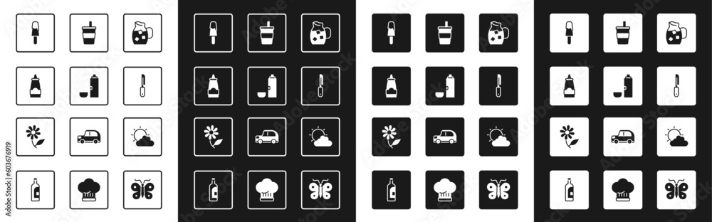Set Jug glass with water, Thermos container, Sauce bottle, Ice cream, Knife, Paper, Sun and cloud weather and Flower icon. Vector Set Jug glass with water, Thermos container, Sauce bottle, Ice cream, Knife, Paper, Sun and cloud weather and Flower icon. Vector