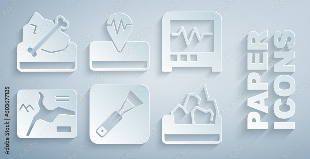 Set Paint brush, Seismograph, Topographic map, Ore mining, Earthquake and Archeology icon. Vector