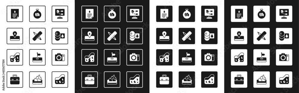 Set Soil analysis, Crossed ruler and pencil, Oilfield, drop document, Barrel, Exhibition with minerals, rocks, Photo camera and Geological fault icon. Vector Set Soil analysis, Crossed ruler and pencil, Oilfield, drop document, Barrel, Exhibition with minerals, rocks, Photo camera and Geological fault icon. Vector