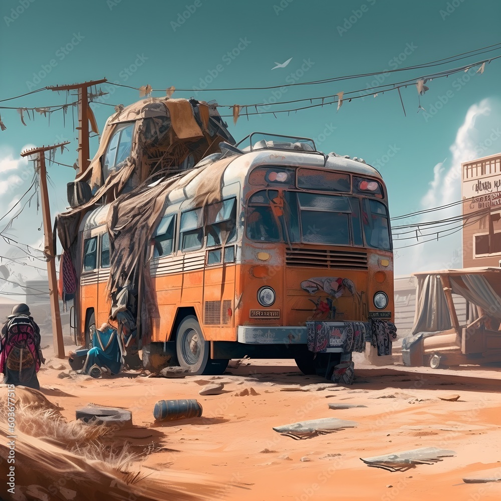 A bus in the desert, a poor street, adventure, generative AI