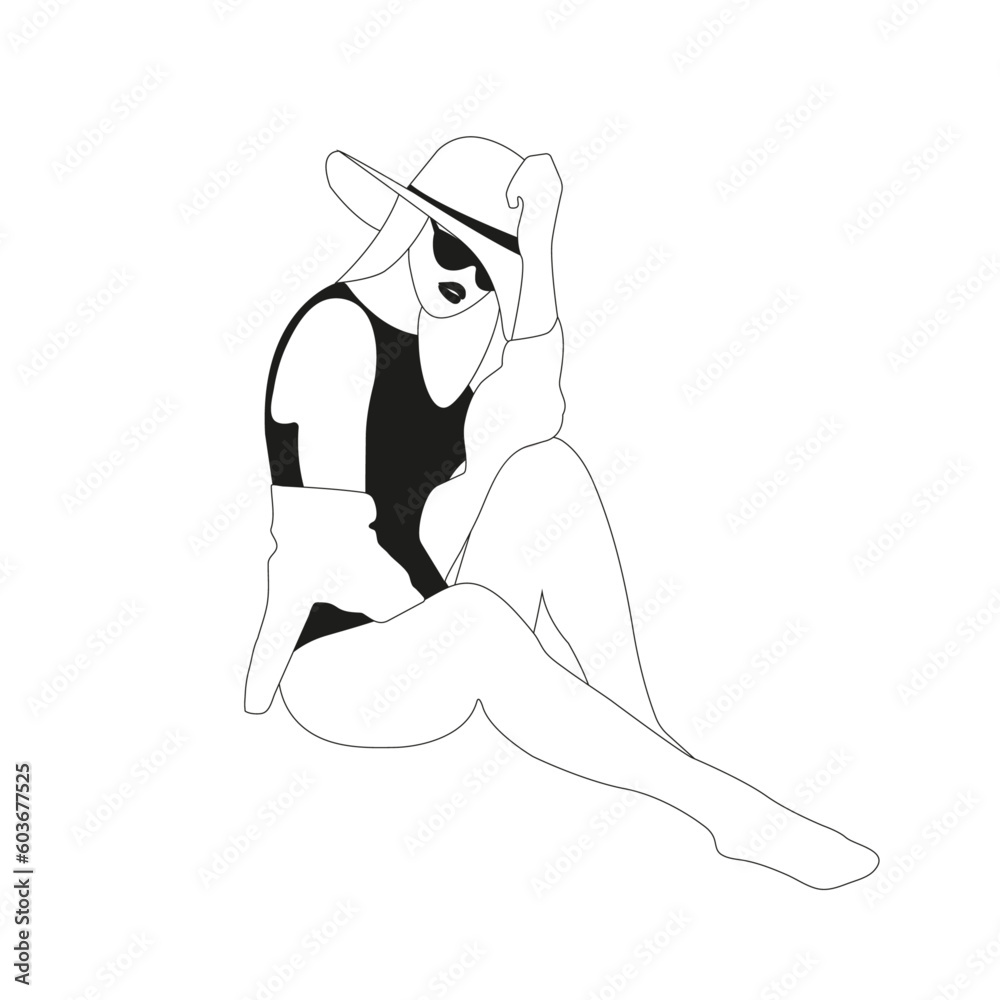 A beautiful girl sitting on the beach with hat and black swimsuit in out line style on white background