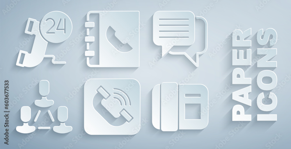 Set Telephone handset, Speech bubble chat, Employee hierarchy, Phone book and 24 hours support icon. Vector Set Telephone handset, Speech bubble chat, Employee hierarchy, Phone book and 24 hours support icon. Vector