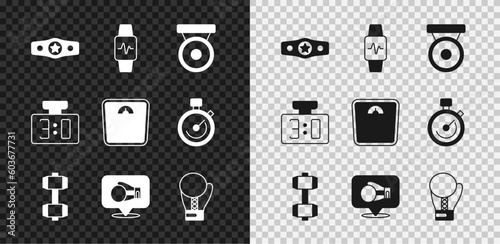 Set Boxing belt, Smart watch with heart, gong, Dumbbell, glove, Sport mechanical scoreboard and Bathroom scales icon. Vector
