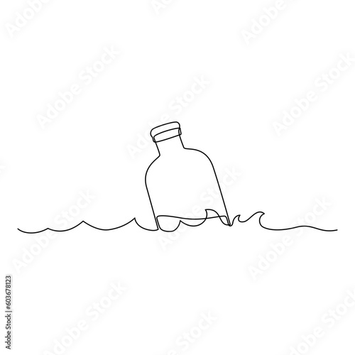 Floating bottle one line drawing vector. Continuous single line bottle floats on the water vector illustration