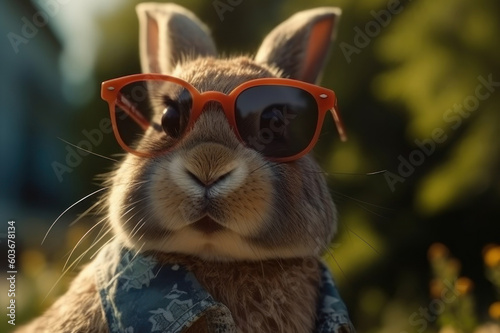 Rabbit in sunglasses on the background of nature. AI generative.