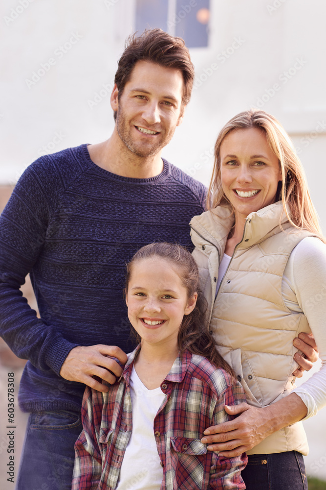 Portrait, family and happy child, mother and father support, bonding and enjoy outdoor quality time together in Spain. Love, parents and happiness of mama, papa and youth kid smile for unity care Portrait, family and happy child, mother and father support, bonding and enjoy outdoor quality time together in Spain. Love, parents and happiness of mama, papa and youth kid smile for unity care