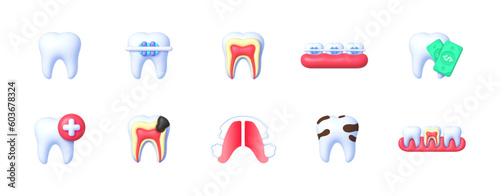 3D dentistry icons for medical design. Dentistry icons in realistic style. Medical protection icons. White background. Vector illustration design