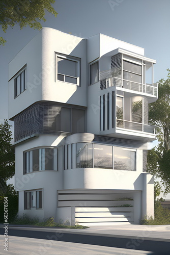 3d render of modern house with a lot of windows and balconies