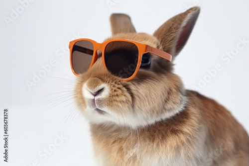 Red rabbit in sunglasses on a white background. AI generative.