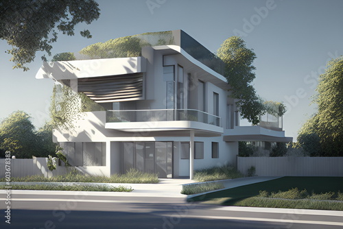 3D render of a modern house with a garden in the background © Birch Photography