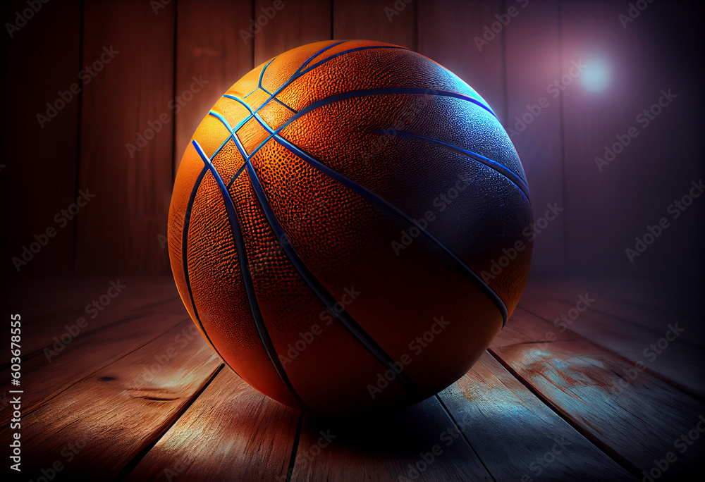 A basketball in a dark room illuminated by a narrow beam of light. AI generative.