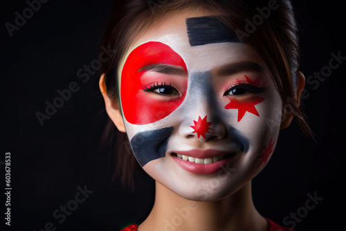 A woman with a painted face and a flag on her face