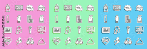 Set line Condom, Monitor with 18 plus content, Personal lubricant, Adult label compact disc, Dildo vibrator, safe sex and Birth control pills and condom icon. Vector
