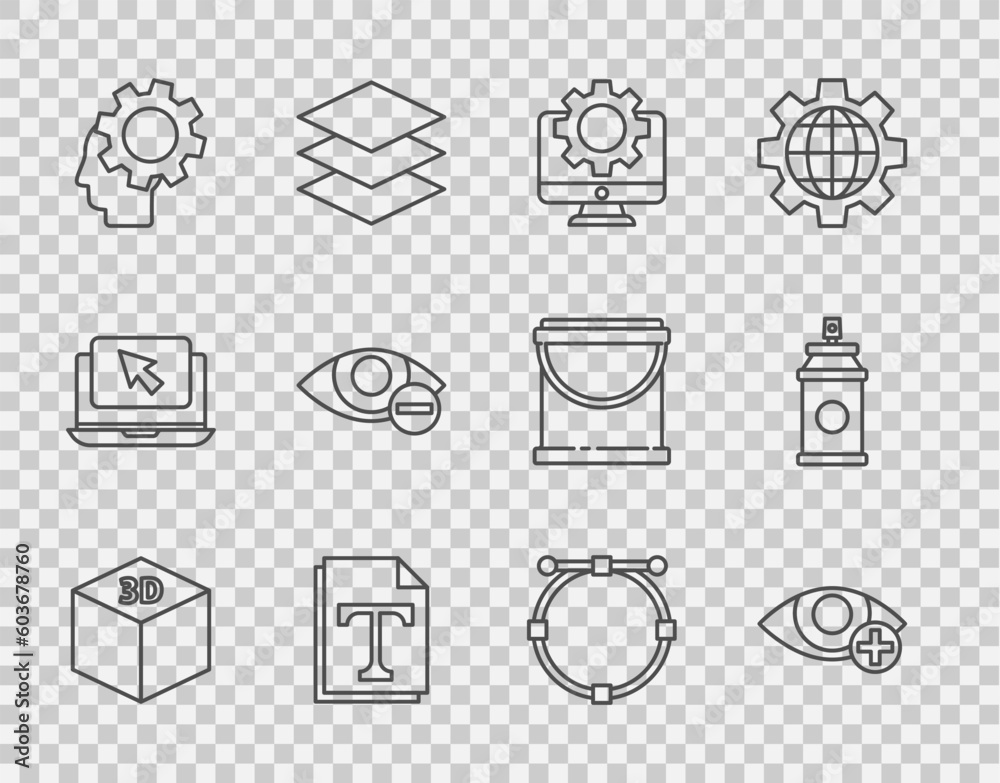 Set line Isometric cube, Red eye effect, Computer monitor and gear, Text file document, Human head with inside, Circle Bezier curve and Paint spray can icon. Vector Set line Isometric cube, Red eye effect, Computer monitor and gear, Text file document, Human head with inside, Circle Bezier curve and Paint spray can icon. Vector