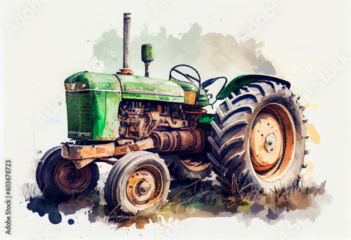 Farm tractor, isolated on white background. Watercolor style. AI generated.