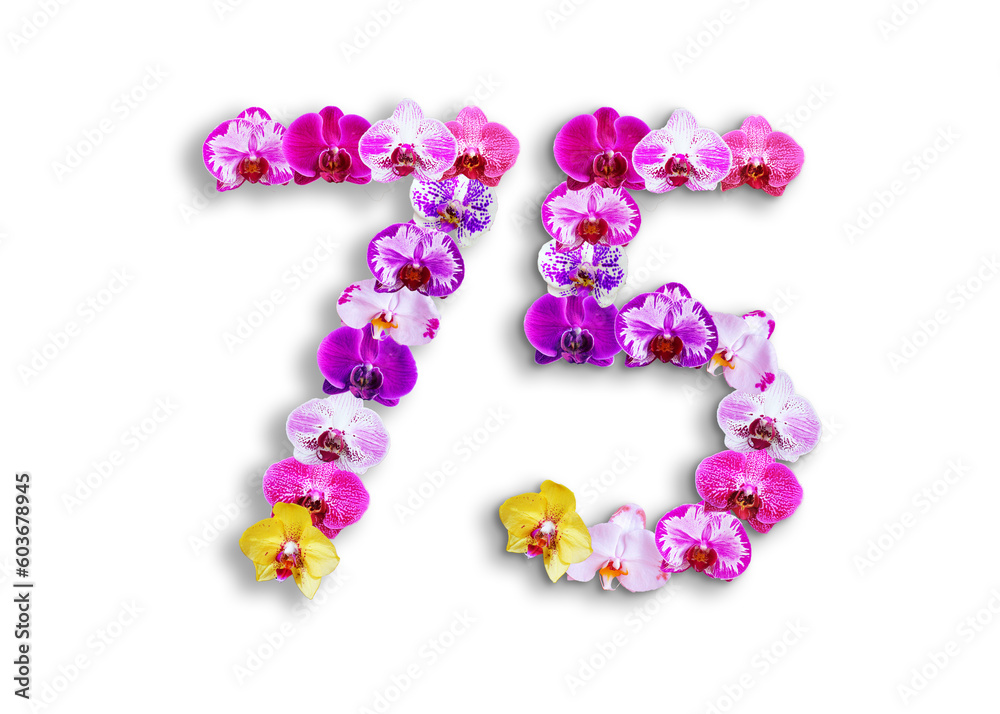 The shape of the number 75 is made of various kinds of orchid flowers. suitable for birthday, anniversary and memorial day templates