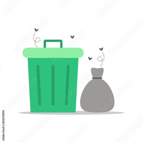 Green rubbish bin trashcan with black garbage bag and fly swarm icon flat vector design