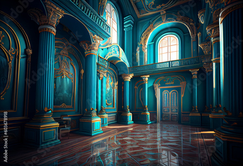 Photorealistic interior of a castle or palace decorated with turquoise malachite ornamental stone and gold. AI generative.