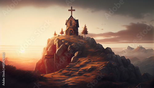 Cross, a chapel on top of a mountain in the rays of the setting sun. AI generative.