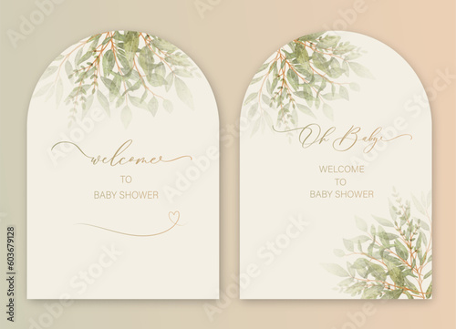 Baby Shower Arch Invitation card with calligraphy and green watercolor botanical leaves. Abstract floral art background vector design for wedding and vip cover template.