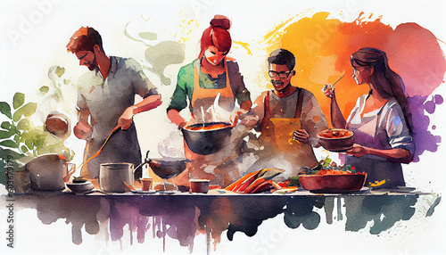 A heartwarming illustration portraying people from diverse cultures coming together in a cooking, celebrating culinary traditions, unity, and cultural exchange, generative ai