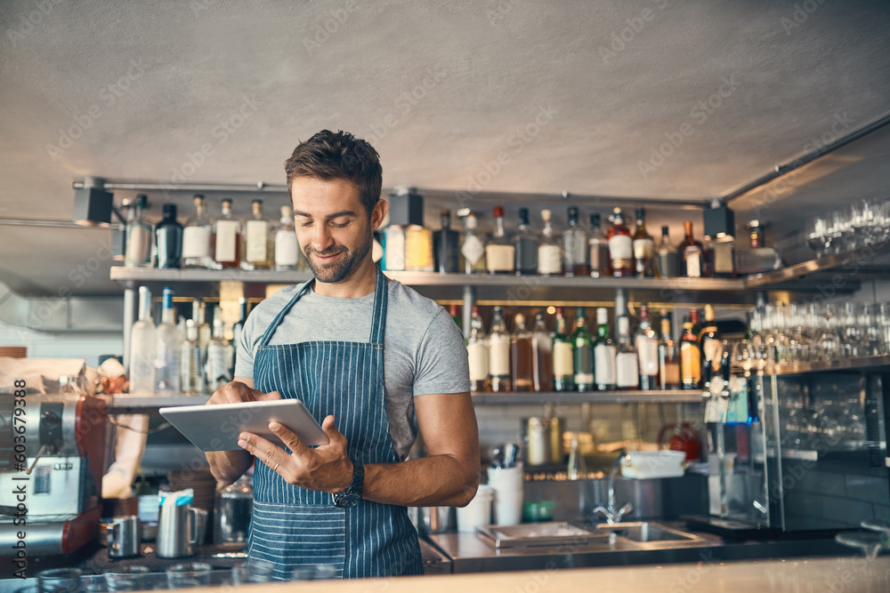 Man in restaurant, tablet and small business with inventory check, entrepreneur in hospitality industry and connectivity. Male owner, scroll and cafe franchise with digital admin and stock taking - obrazy, fototapety, plakaty 
