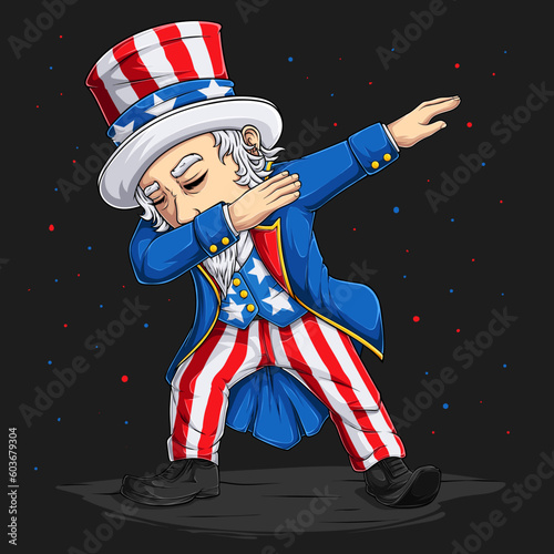 4th of July Uncle Sam character doing dabbing dance for American independence day, Veterans day and memorial day